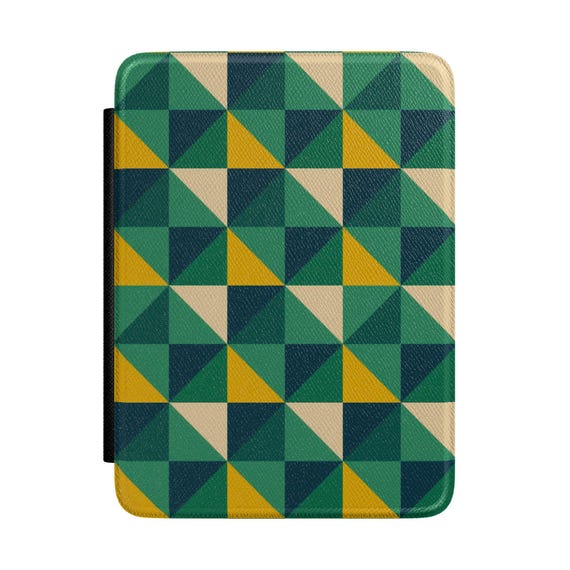 Geometric Triangle Kindle Case – Retro Green, Navy, Gold PU Leather Cover (7" Paperwhite)
