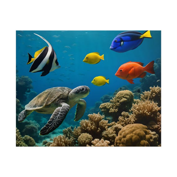 Underwater Turtle & Fish Art Poster: Colorful Sea Life Giclée Print