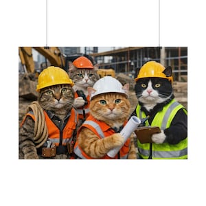 建設現場の猫、エンジニアの子猫、ヘルメットをかぶった猫のウォールアートポスタープリント、子供部屋やオフィスの装飾、ギフト