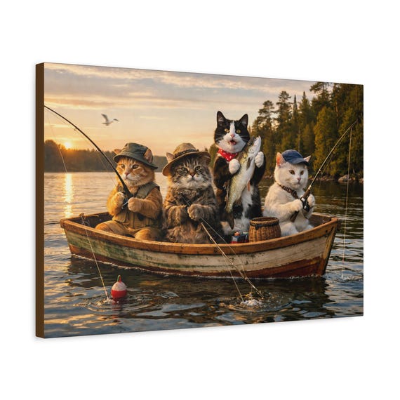 Cats Fishing Rowboat Canvas Print | Whimsical Lake Cabin Wall Art