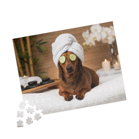 Dachshund Spa Day Puzzle | Dog with Towel and Cucumber Eyes Jigsaw