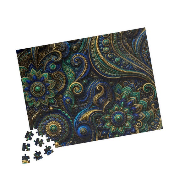 Ornate Teal Gold Paisley Jigsaw Puzzle - Mindful Brain Exercise Art for Relaxation & Meditation