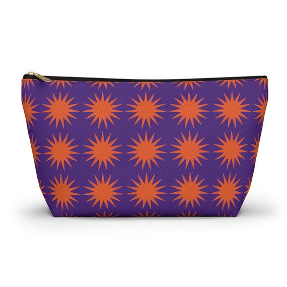 Vibrant Purple Boho Makeup Pouch with Orange Sun Print - Chic Zippered Cosmetic Bag for Travel