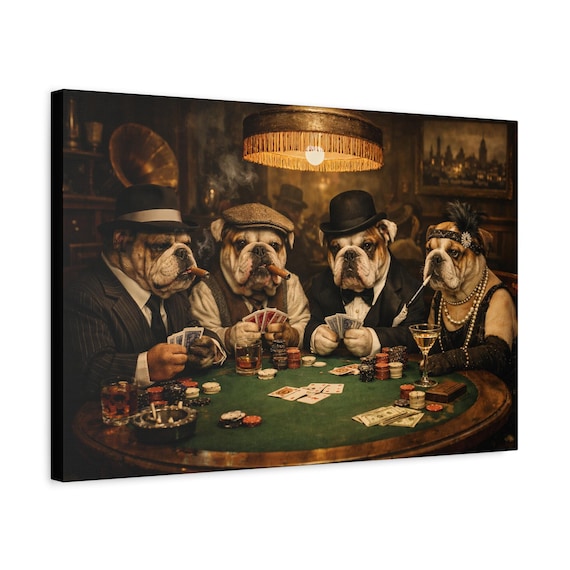 Bulldog Poker Night Canvas Wall Art | Vintage Casino Scene Print