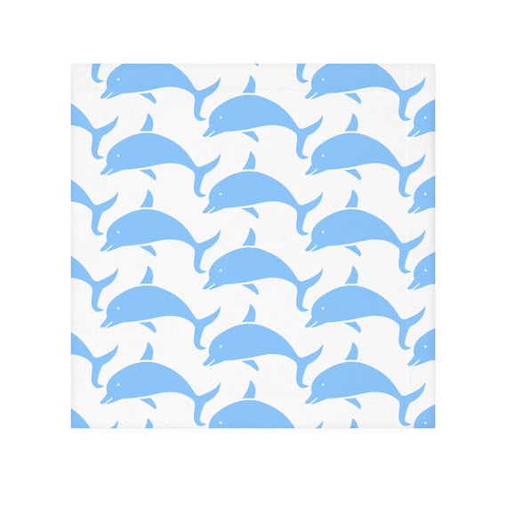 White Face Towel with Blue Dolphin Print - Coastal Bathroom Decor