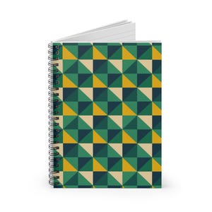 May include: A spiral-bound notebook with a geometric pattern. The cover features a repeating design of green, yellow, and beige triangles. The notebook is open, revealing white lined pages. The spiral binding is black.