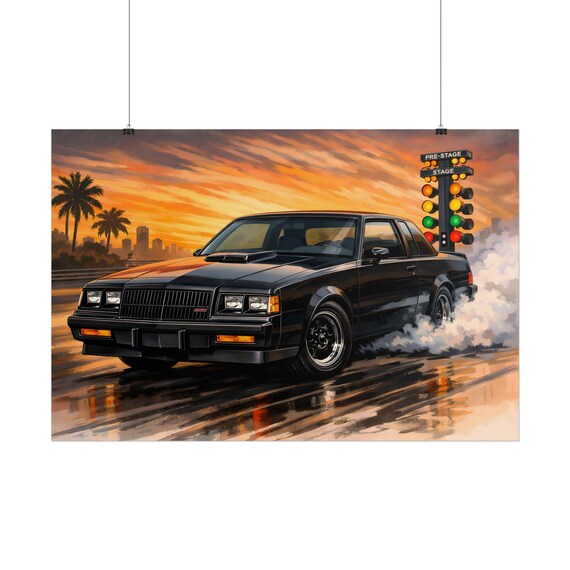 Black Buick GNX Burnout Poster | Drag Racing Sunset Wall Art Print for Car Enthusiasts
