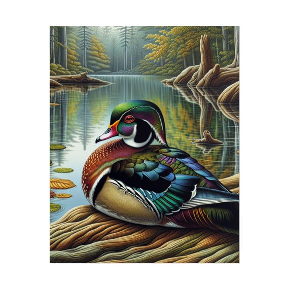 Vibrant Wood Duck Rolled Poster: Nature-Inspired Wall Art for Wildlife Enthusiasts and Home Decor