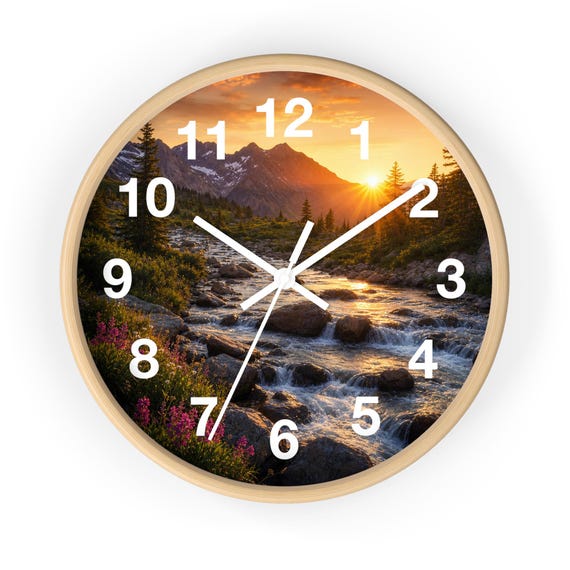 Sunset Mountain River Wall Clock | Scenic Nature Landscape Rustic Cabin Decor Gift