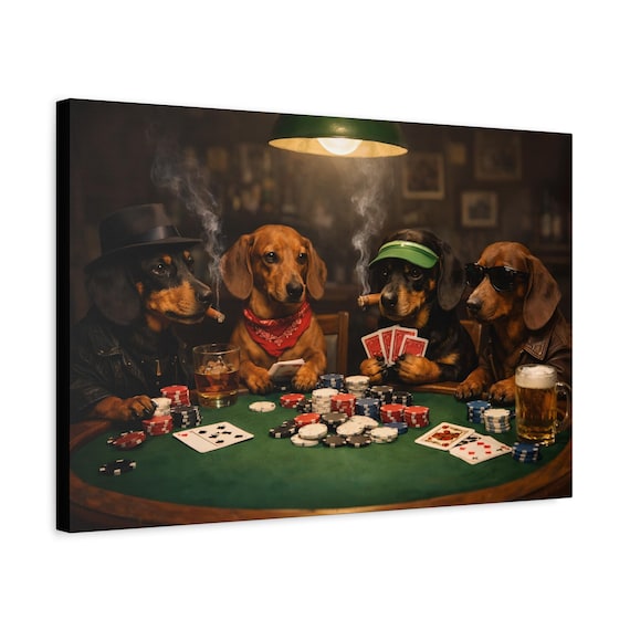 Dachshund Dogs Playing Poker Matte Canvas Wall Art - Stretched, Framed, Ready to Hang