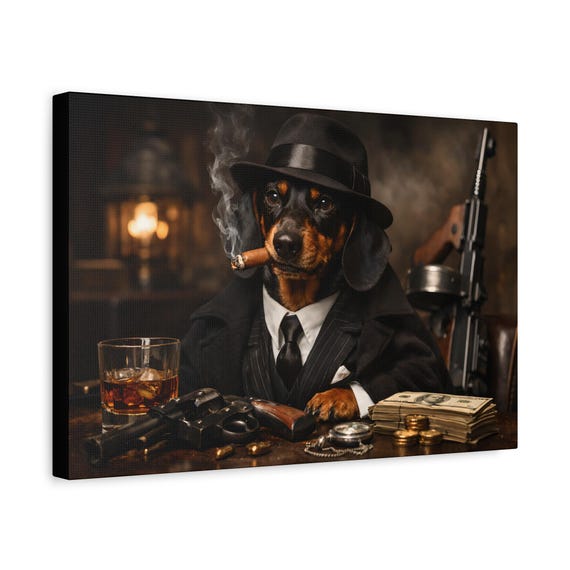 Mafia Dachshund Smoking Cigar Matte Canvas Print | Man Cave or Garage Office Decor