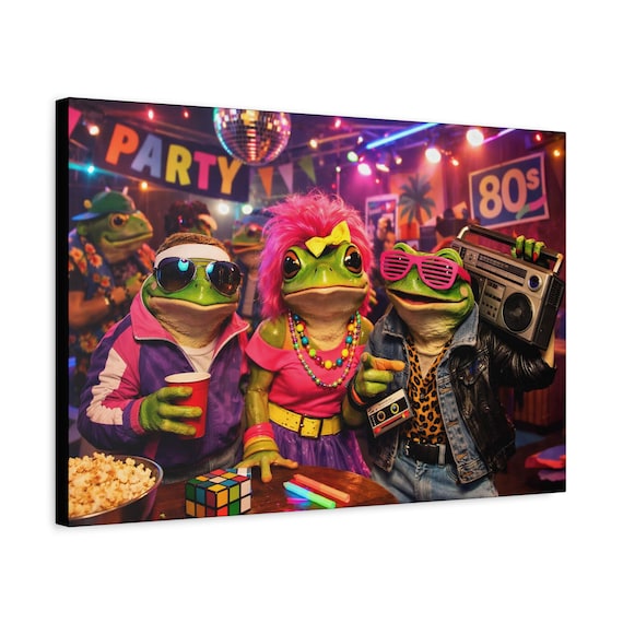 Retro 1980s Frogs Party Canvas Wall Art Ready to Hang - Colorful Animal Decor