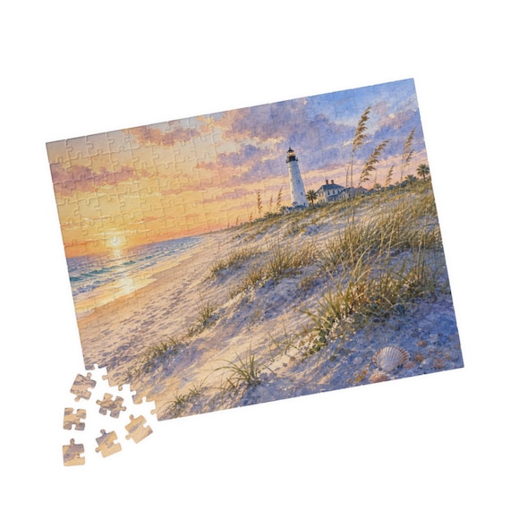Lighthouse Beach Sunset Puzzle – Coastal Wall Art (110/252/520 Pieces)