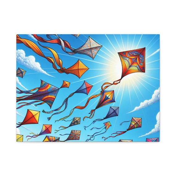Colorful Kite Canvas Wall Art, Bright Home Decor, Nursery Art, Kid's Room Decoration, Gift for Children, Vibrant Sky Art