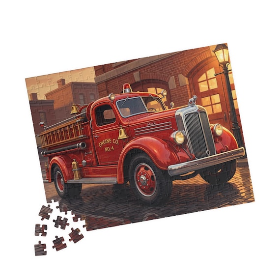 Vintage Red Fire Truck Puzzle 110-520 Piece | Retro Firehouse Scene, Collectible Jigsaw