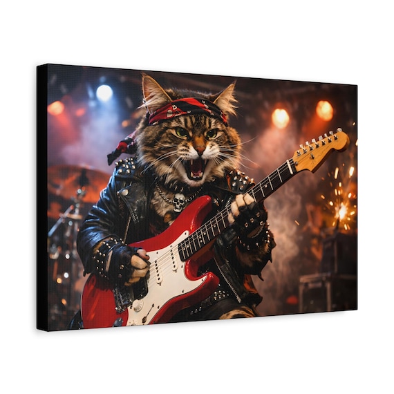 Rock Star Cat Canvas Print | Leather Jacket, Red Guitar Wall Art Music Lover Gift