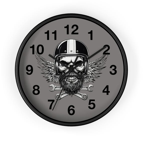Skull Biker Helmet Wings Wall Clock | Motorcycle Wrench Garage Decor Gift for Men