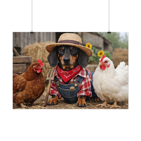 Dachshund Farmer Poster with Chickens - Farmhouse Wall Art Decor for Dog Lovers & Country Kitchen