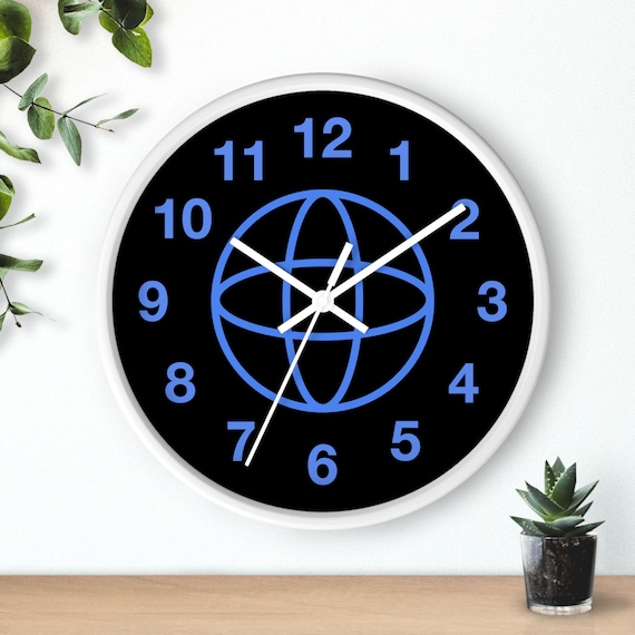 Modern Globe Wall Clock: Blue Neon Numerals, Black Face, Minimalist Design