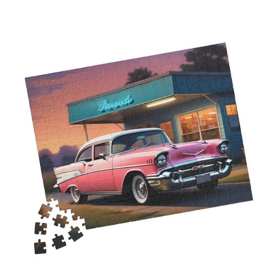 Pink 1950s Chevy Bel Air at Diner Puzzle 110-520-piece | Retro Classic Car Jigsaw