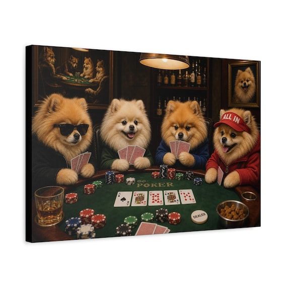 Pomeranian Dogs Playing Poker Canvas Print | Vintage Game Room Wall Art