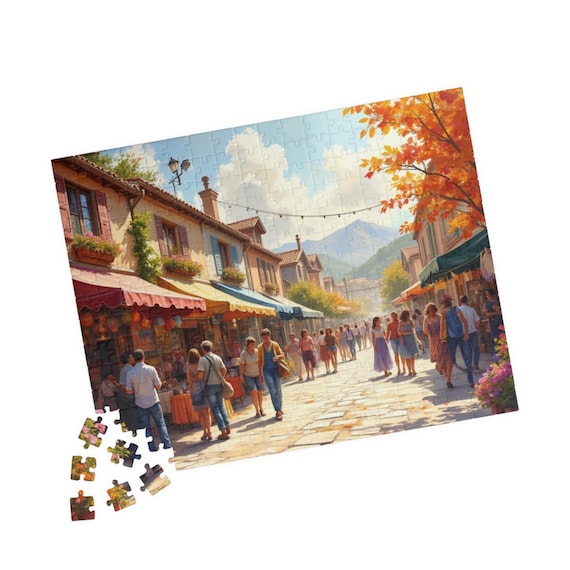 European Market Street Puzzle | Sunny Cobblestone Lane, Scenic Jigsaw (110-520 Pieces)