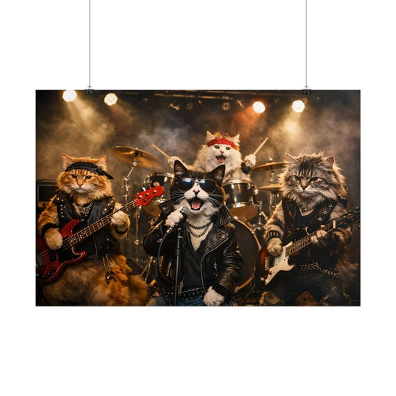 Rock Band Cats Rolled Poster | Funny Cat Musicians Concert Wall Art