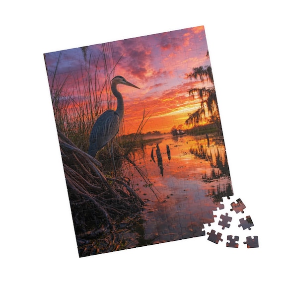 Heron Sunset Jigsaw Puzzle - Wildlife Marsh Scenic Lake Artwork Gift for Bird Lovers