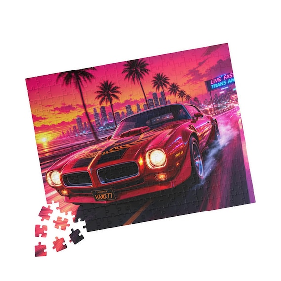 Retro Pontiac Firebird Muscle Car Sunset Puzzle – Neon Cityscape Art (110/252/520 Pieces)