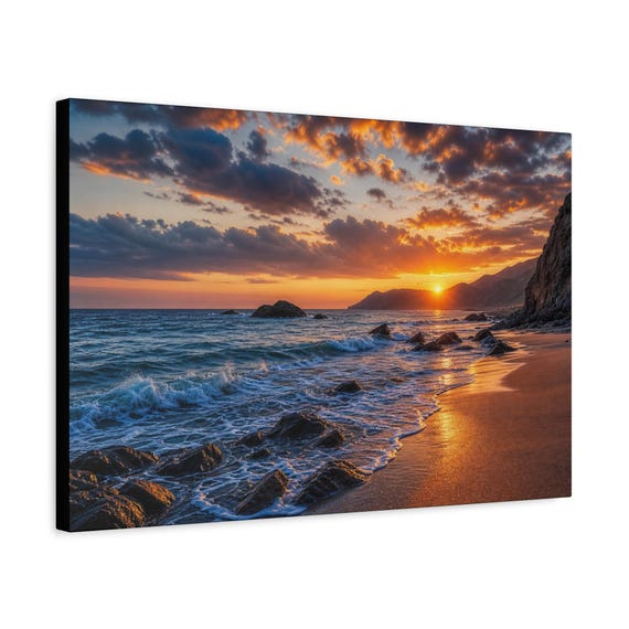 Sunset Beach Seascape Canvas Wall Art, Coastal Ocean Print for Living Room