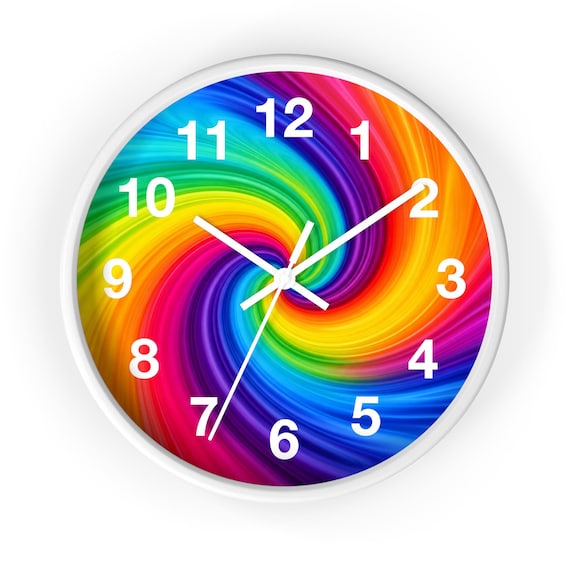 Rainbow Swirl Wall Clock Colorful Spiral Numbers Modern Vibrant Home Decor Gift