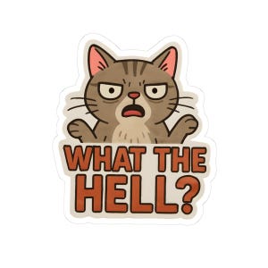 Könnte beinhalten: Ein Aufkleber mit einer Cartoon-Katze mit einem wütenden Gesichtsausdruck. Die Katze ist grau und braun mit rosa Ohren und weißen Akzenten. Der Text "WHAT THE HELL?" ist in orangefarbenen Buchstaben.