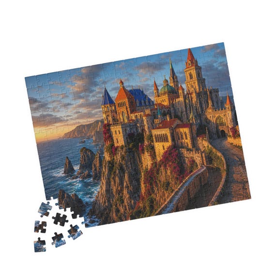 Sunset Cliffside Castle Jigsaw Puzzle – Scenic Ocean Landscape Art (110-520 Pieces)