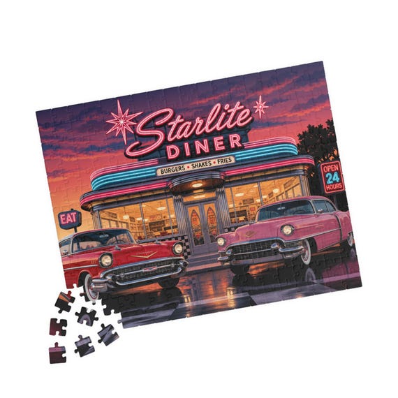 Starlite Diner Retro Neon Scene Puzzle | Classic Cars of the 1950's Jigsaw