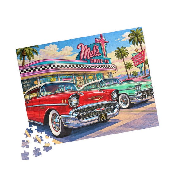 Retro Car Jigsaw Puzzle, 1950s Drive-In Diner Scene in 110, 252, or 520 Pieces