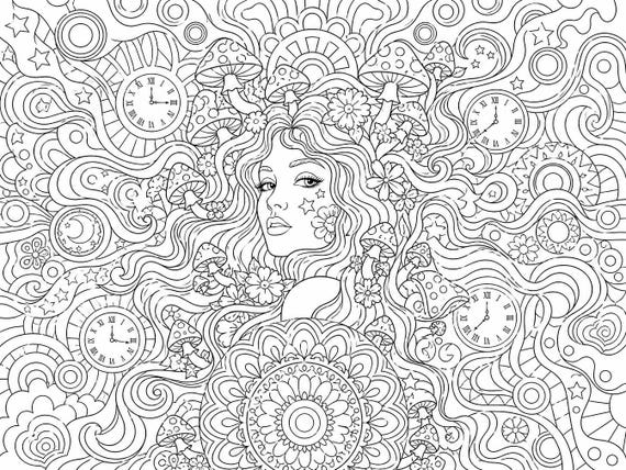 Retro Psychedelic Woman Coloring Page | Groovy Art Print (Digital Download)