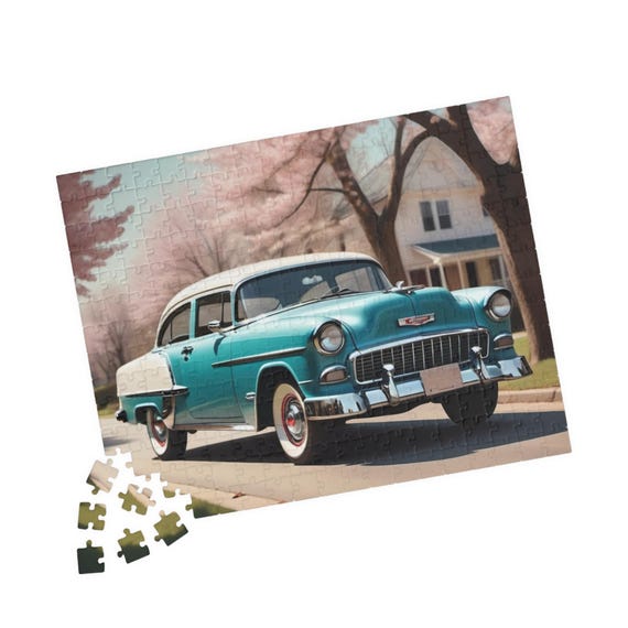 Vintage Turquoise 1955 Chevy Bel Air Classic Car Jigsaw Puzzle Retro Nostalgic Gift