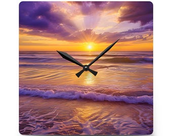 Reloj de pared acrílico con escena de playa al atardecer/paisaje marino, amanecer morado y naranja