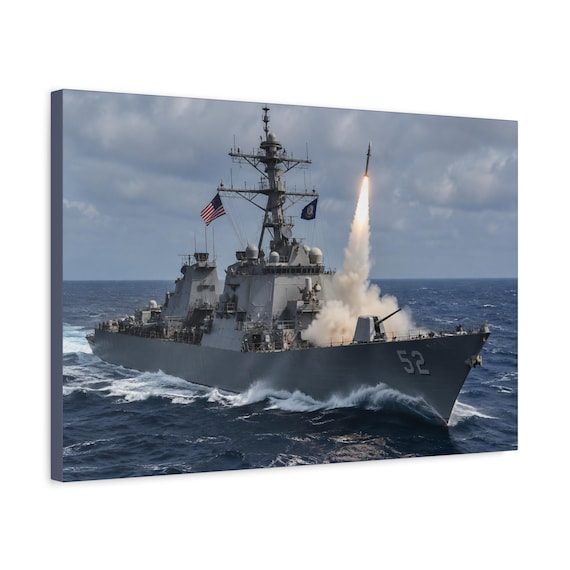 Naval Destroyer Missile Launch Matte Canvas Wall Art - Navy Warship Military Decor Gift