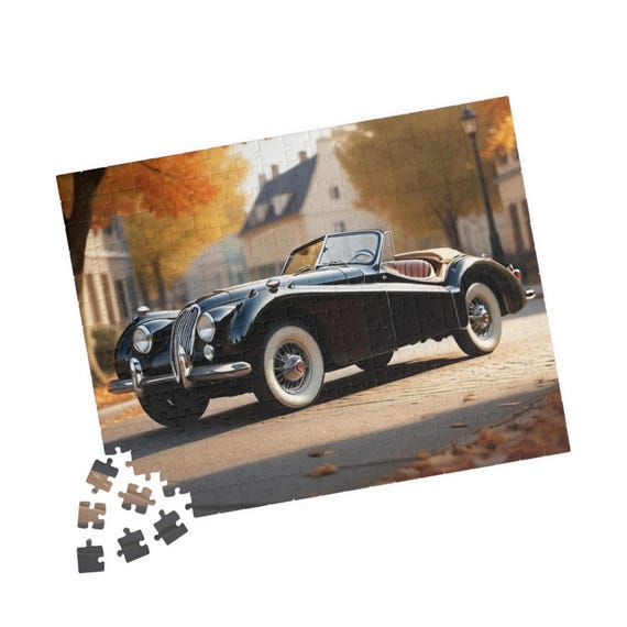 Vintage Jaguar XK120 Convertible Car Puzzle | Autumn Street Scene Jigsaw 110-252-520 Pieces