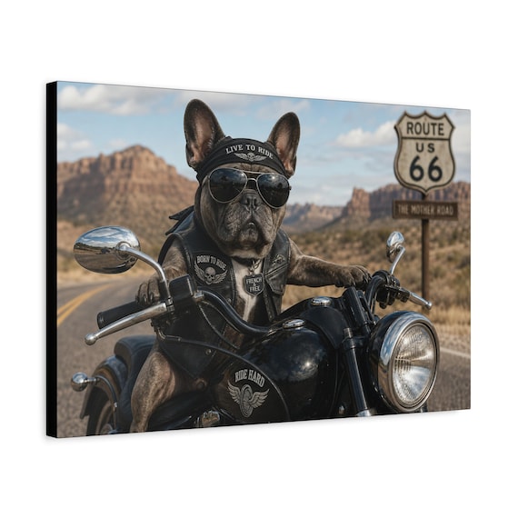 Biker French Bulldog Canvas Art | Route 66 Motorcycle Dog Decor