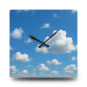 May include: Square wall clock featuring a blue sky with fluffy white clouds. The clock hands are black and point to an unknown time. The clock is a decorative item for a home or office.