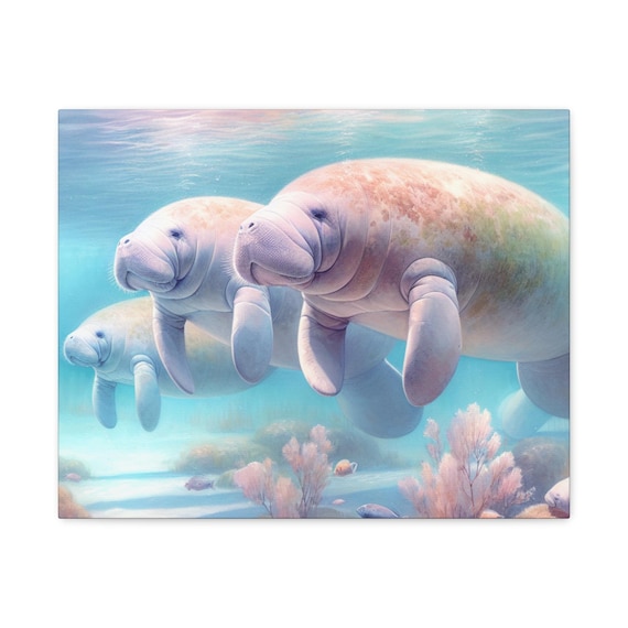 Whimsical Manatee Canvas Art Print, Ocean Decor for Beach Lovers, Unique Home Wall Art, Gift for Sea Life Enthusiasts, Aquatic Uplift