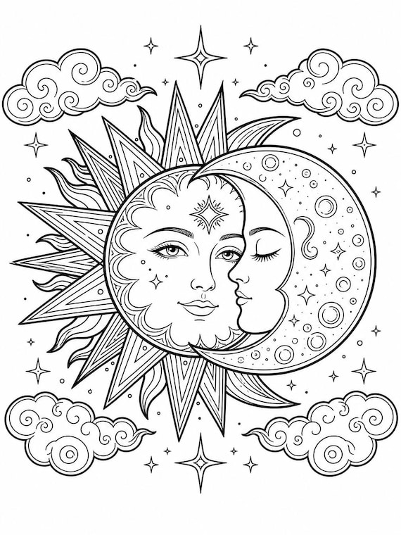 Sun and Moon Celestial Coloring Page | Whimsical Stars, Clouds (Digital Download)
