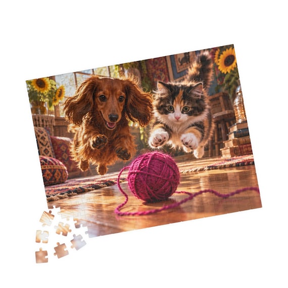 Dachshund and Calico Cat with Yarn Puzzle - 110/252/520 Piece Jigsaw