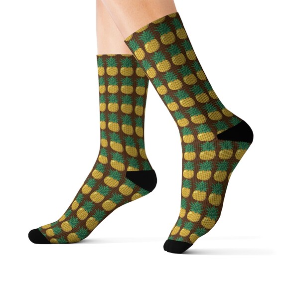 Fun Pineapple Print Brown Socks - Tropical Yellow Design