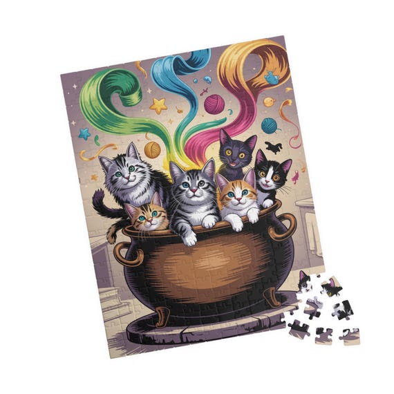 Magical Kittens in Cauldron Puzzle | Whimsical Cat Jigsaw 110/252/520 Piece