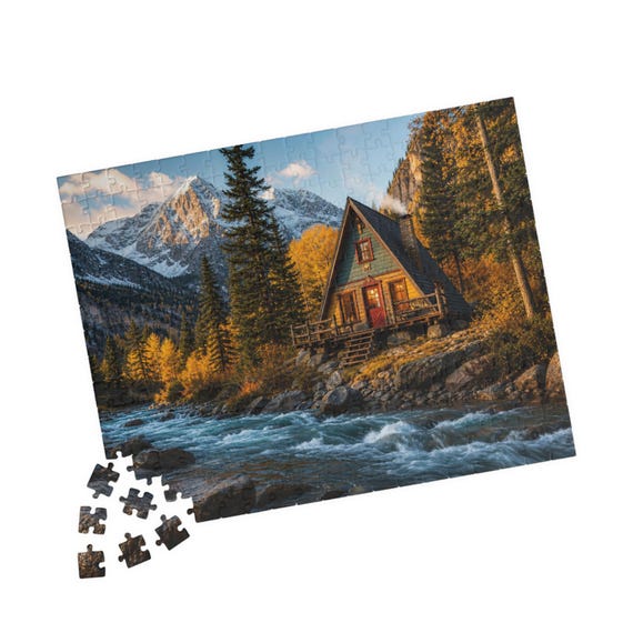 A-Frame Cabin by Mountain River Jigsaw Puzzle – Nature Scenery (110/252/520 Pieces)