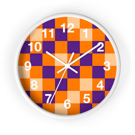 Checkerboard Wall Clock in Orange, Purple & White - Silent Movement, Retro Modern Home Decor Accent