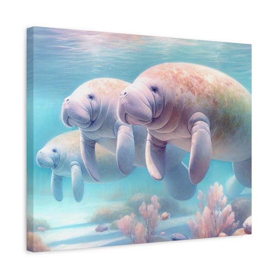 Whimsical Manatee Canvas Art Print: Ocean Home Decor Wall Artwork 20x16 Nautical Marine Wildlife